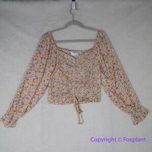 New! Heatherly floral print long sleeve smocked‎ tie front top, size M